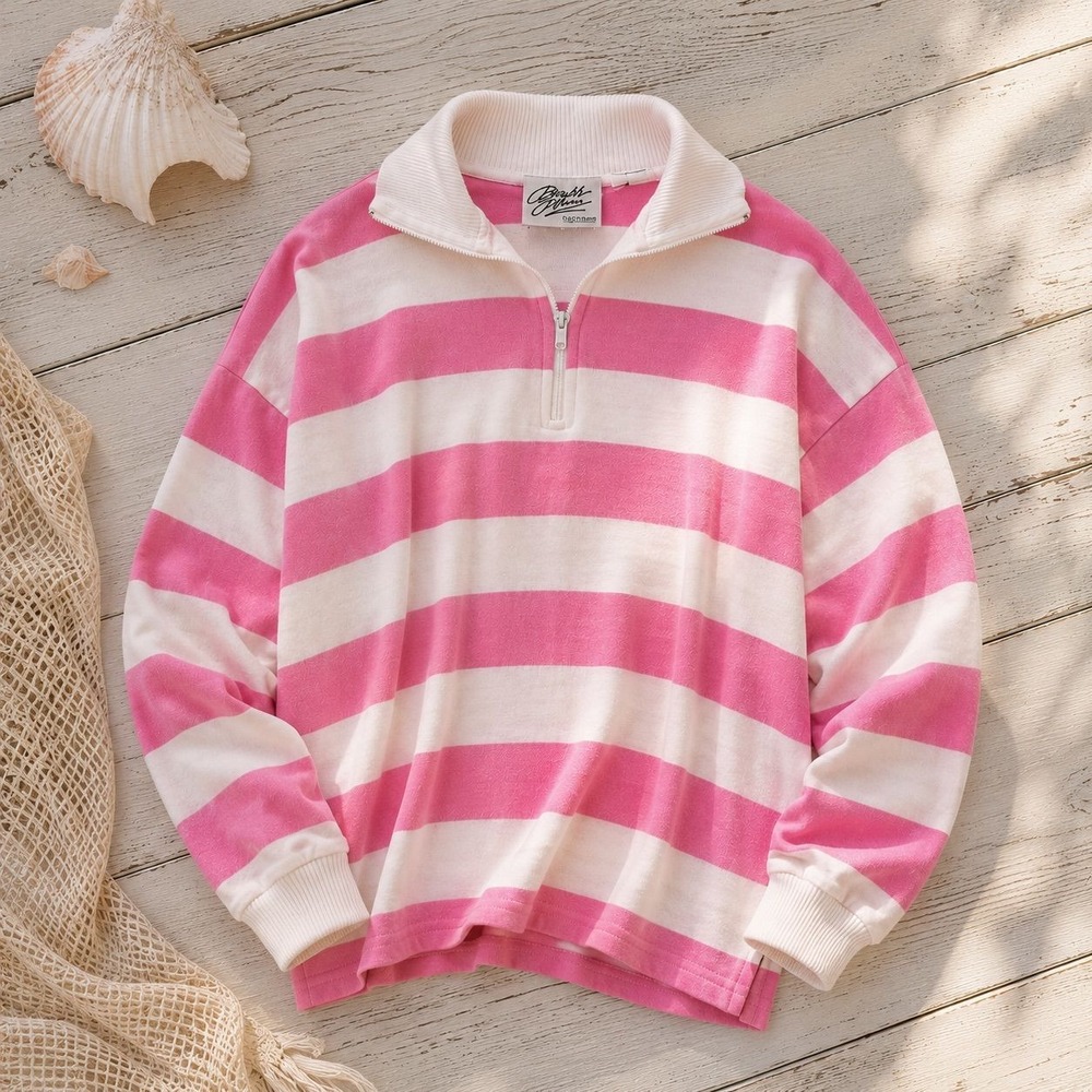 VTG Brass Plum Nordstrom Pink White Rugby Stripe 1/4 Zip Cotton Polo Top Sz S
